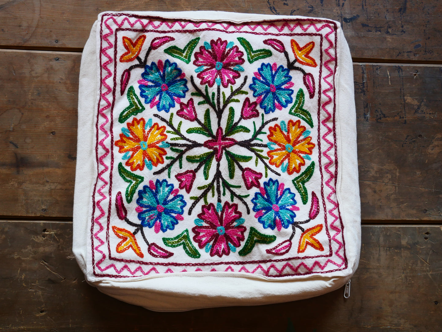 Embroidery floor cushion cover 18" Kashmiri boho throw pillow | meditation cushion from Kashmir Cover only