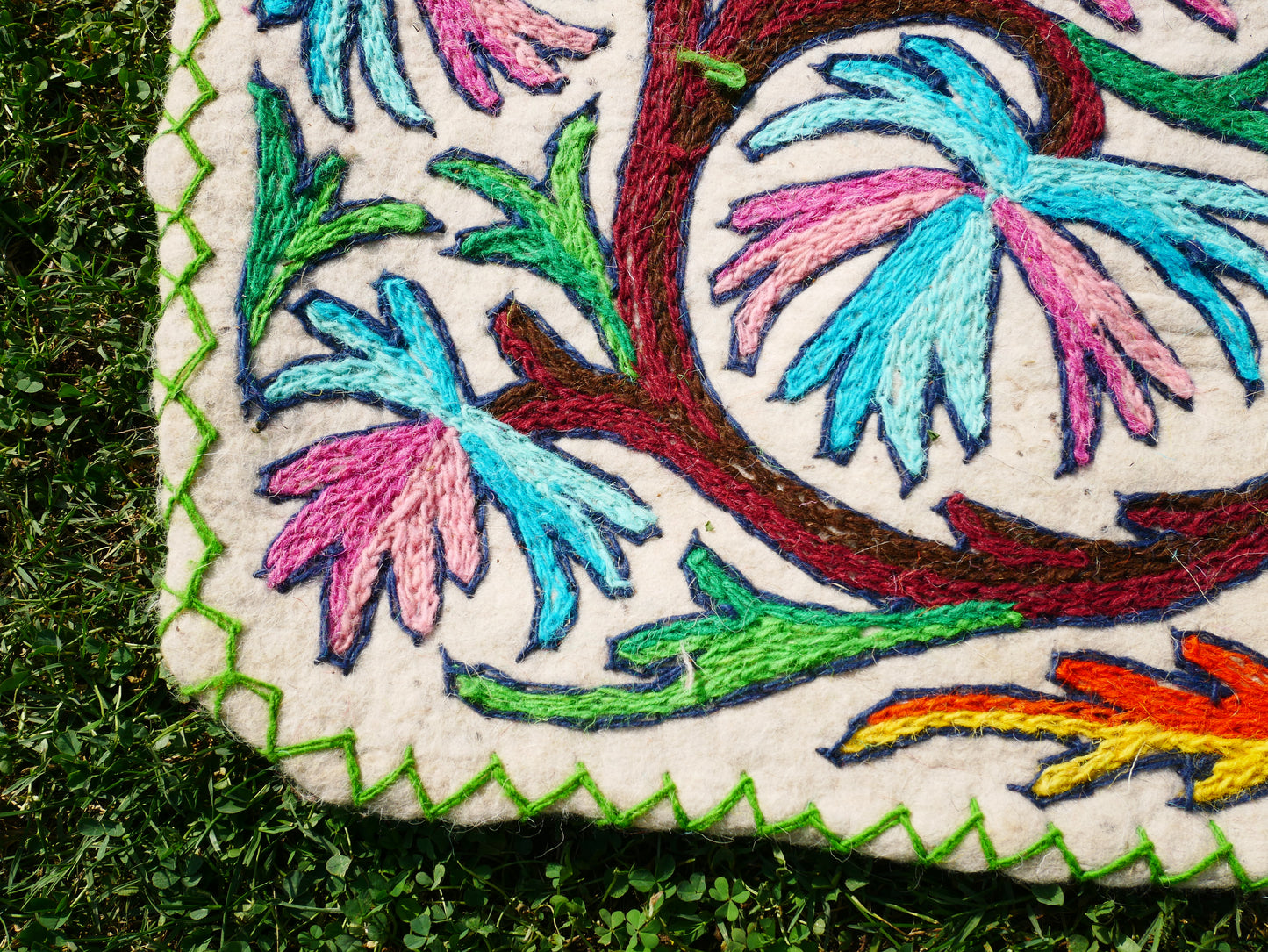 Hand felted and embroidered Namda 6x12' | boho area rug - colorful Kashmiri floor rug | Himalayan wool - Flower Tree of life Design