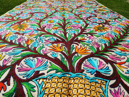Hand felted and embroidered Namda 6x12' | boho area rug - colorful Kashmiri floor rug | Himalayan wool - Flower Tree of life Design