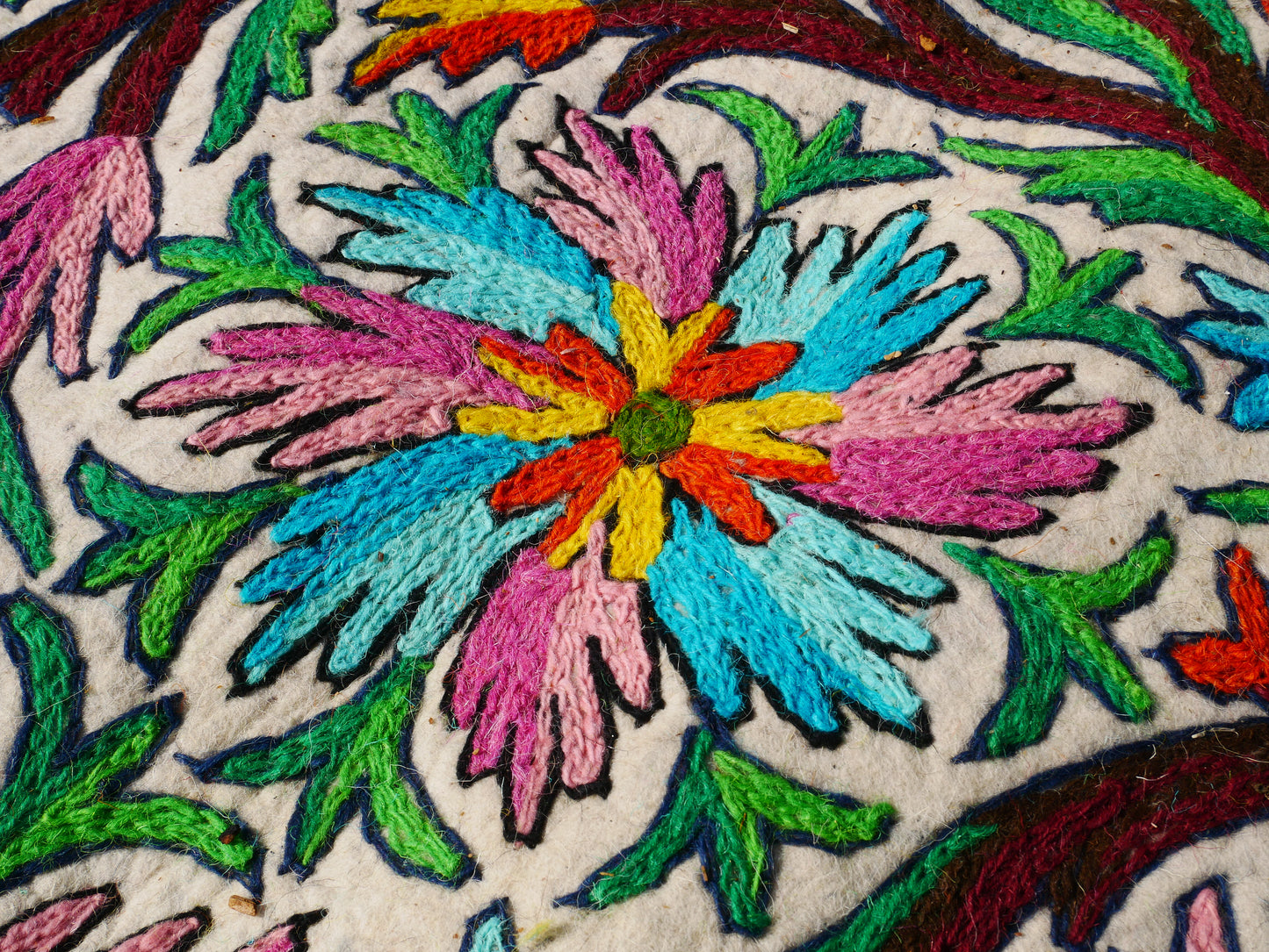 Hand felted and embroidered Namda 6x12' | boho area rug - colorful Kashmiri floor rug | Himalayan wool - Flower Tree of life Design