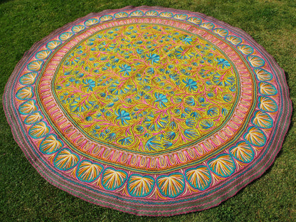 Großer Wollteppich 10 Fuß runder Teppich | "Himalayan Jewel" traditioneller Namda - Boho Mandala Teppich, gefilzte Wolle - Blumenstickerei | böhmisches schlafzimmer