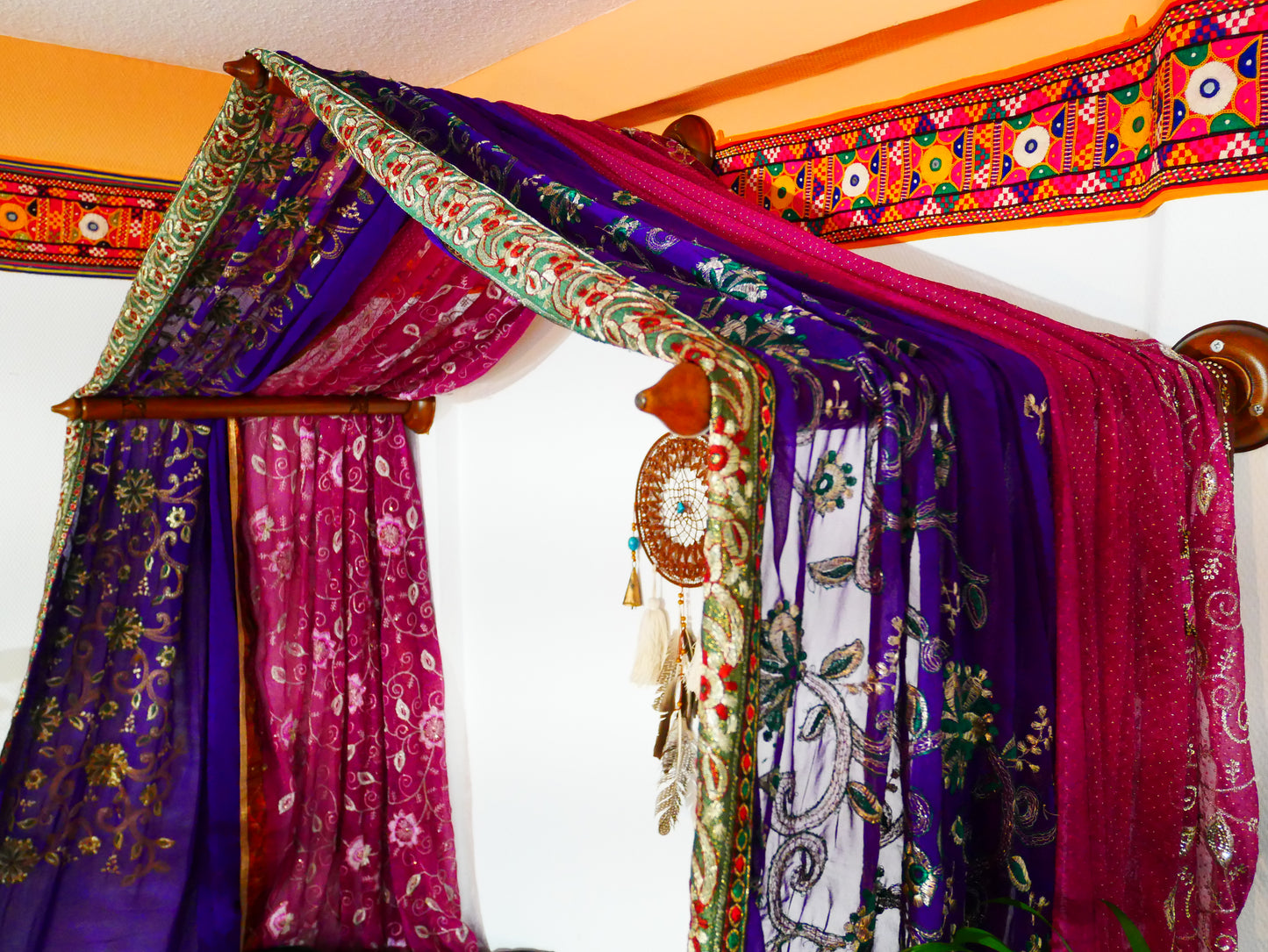 Boho bed canopy - custom made saree canopy frame with handcrafted walnut wood rods | bed curtains - meditation space (Copy)