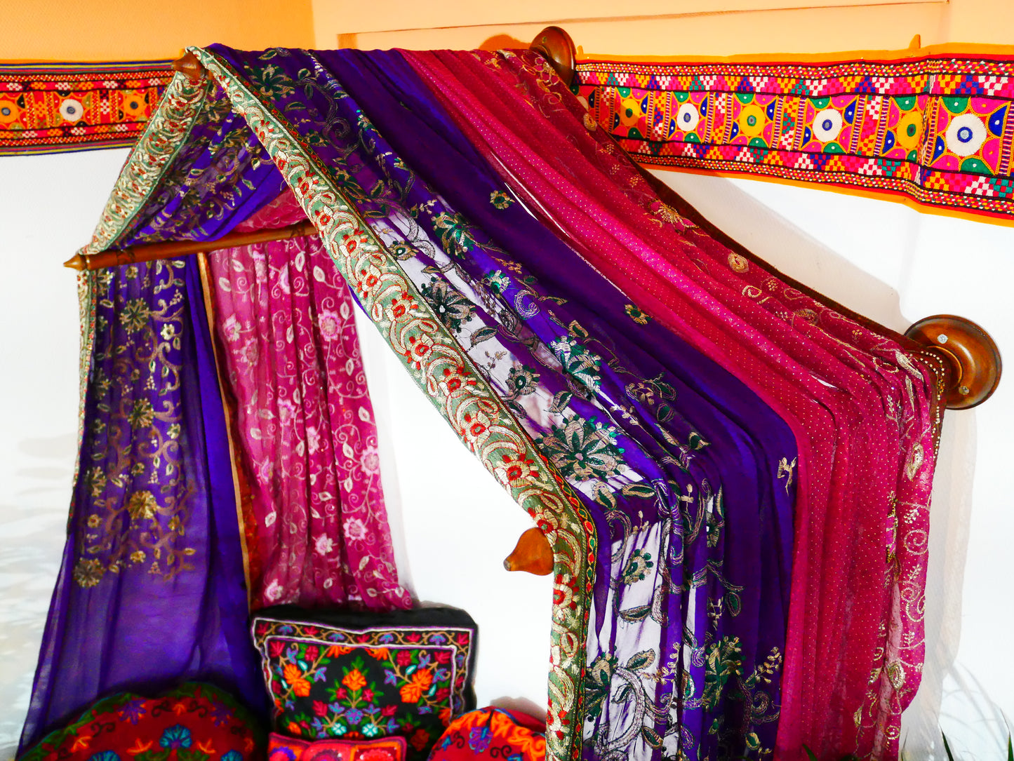 Boho bed canopy - custom made saree canopy frame with handcrafted walnut wood rods | bed curtains - meditation space (Copy)