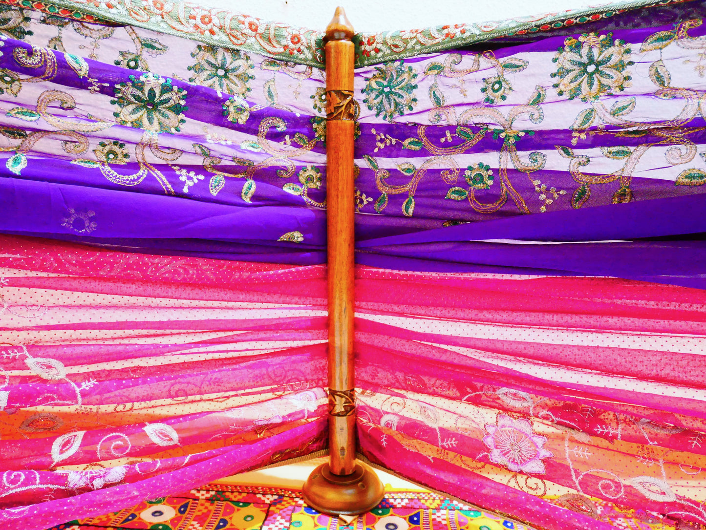 Boho bed canopy - custom made saree canopy frame with handcrafted walnut wood rods | bed curtains - meditation space (Copy)