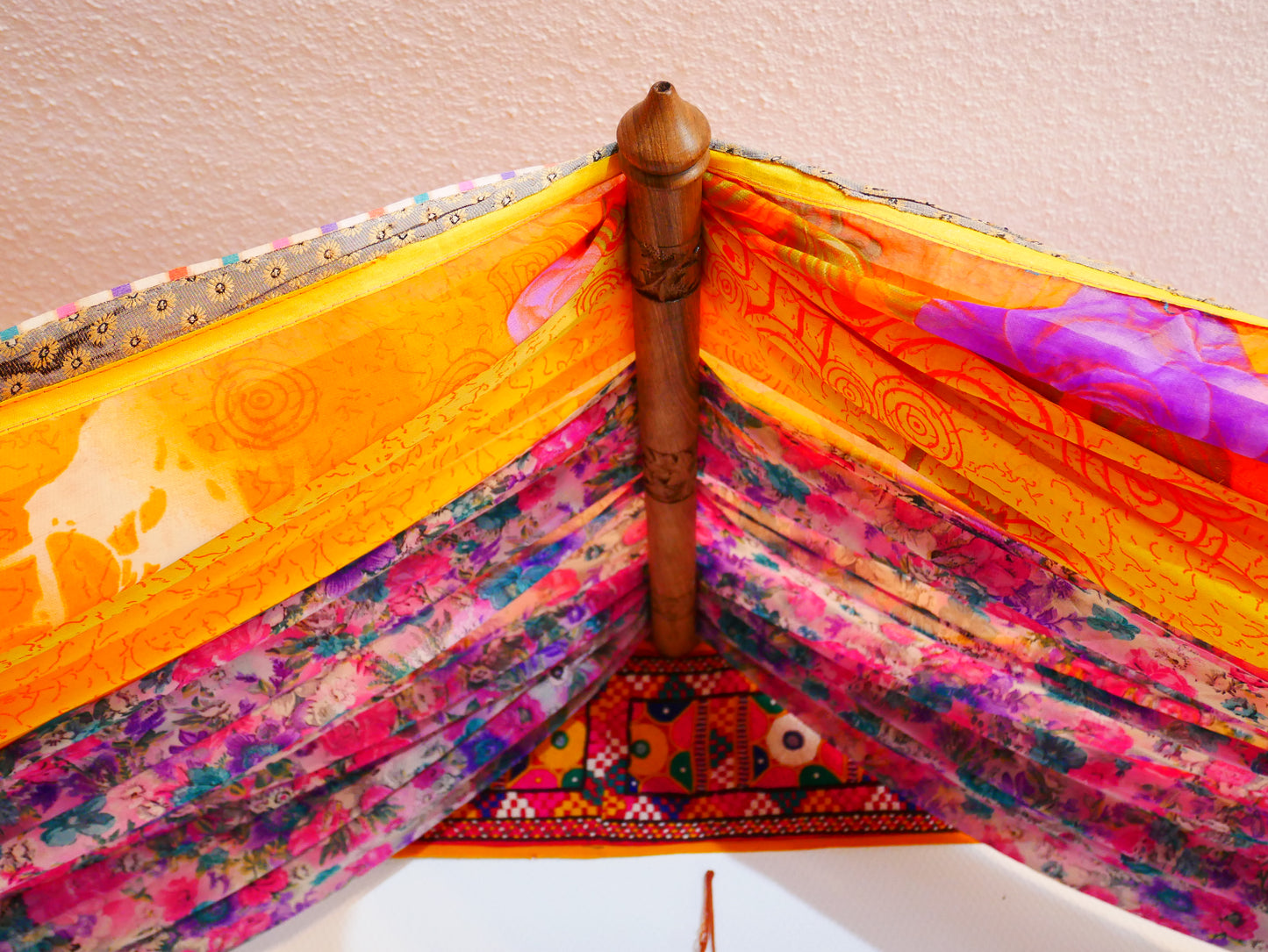 Boho bed canopy - custom made saree canopy frame with handcrafted walnut wood rods | bed curtains - meditation space