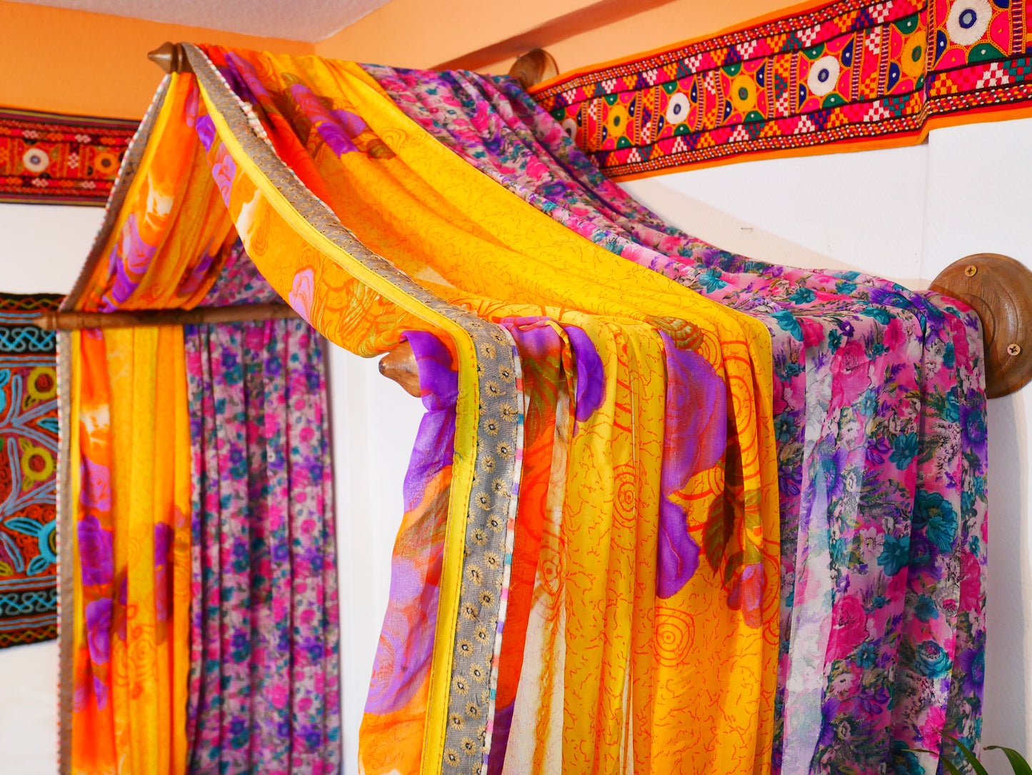 Boho bed canopy - custom made saree canopy frame with handcrafted walnut wood rods | bed curtains - meditation space