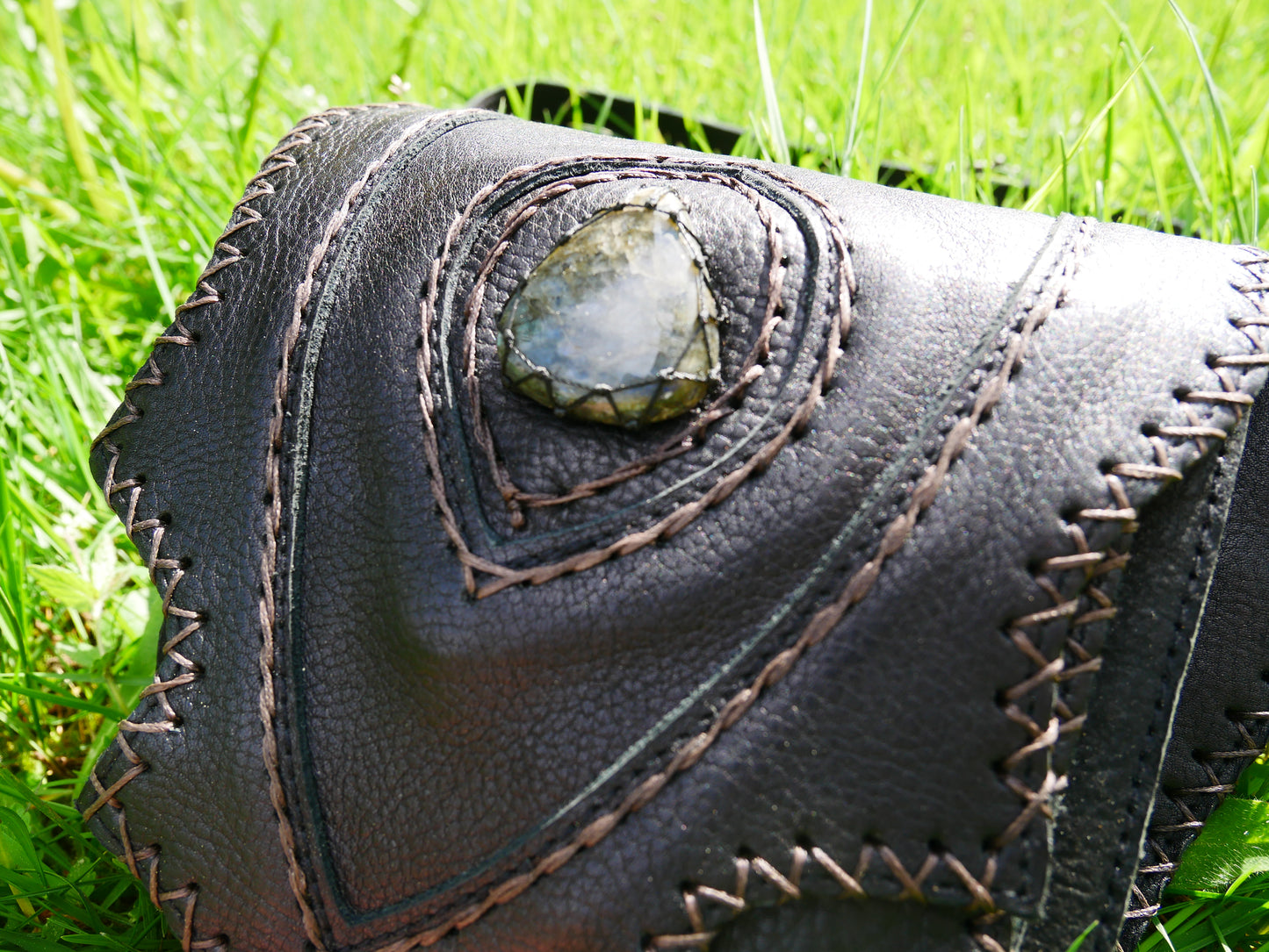Handmade leather hip bag - waist bag with real gem stone and hook closure