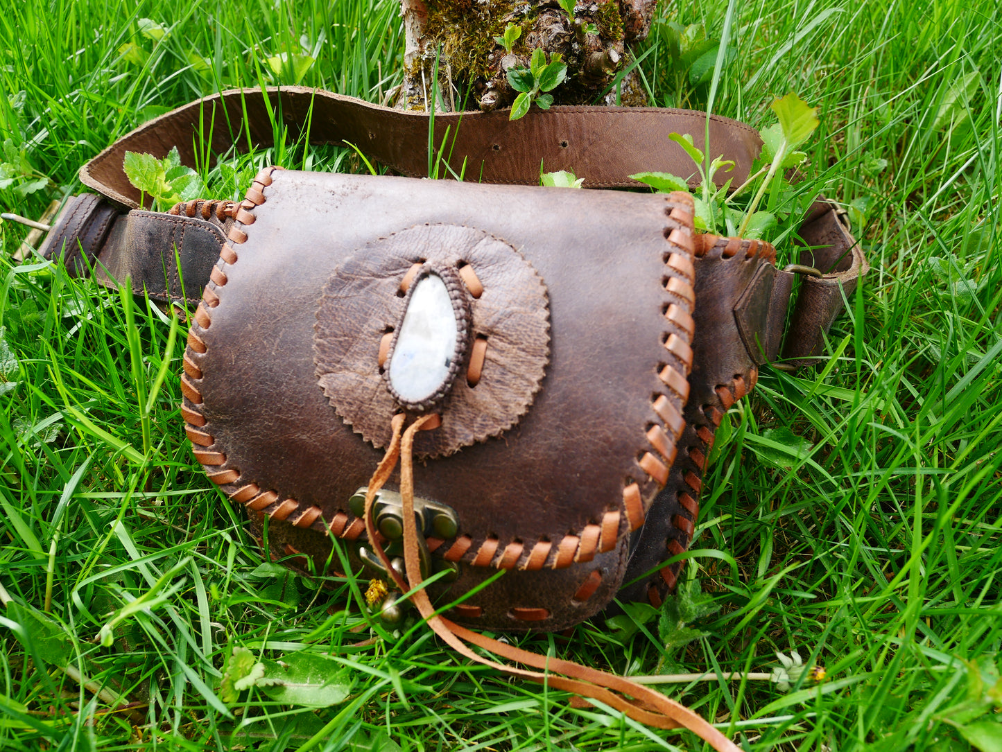 Brown leather belt bag - waist bag with Moonstone stone and hook closure