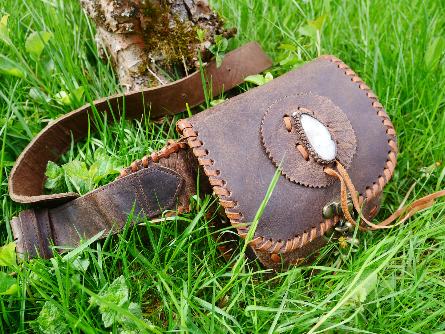 Brown leather belt bag - waist bag with Moonstone stone and hook closure