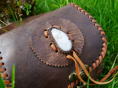 Brown leather belt bag - waist bag with Moonstone stone and hook closure