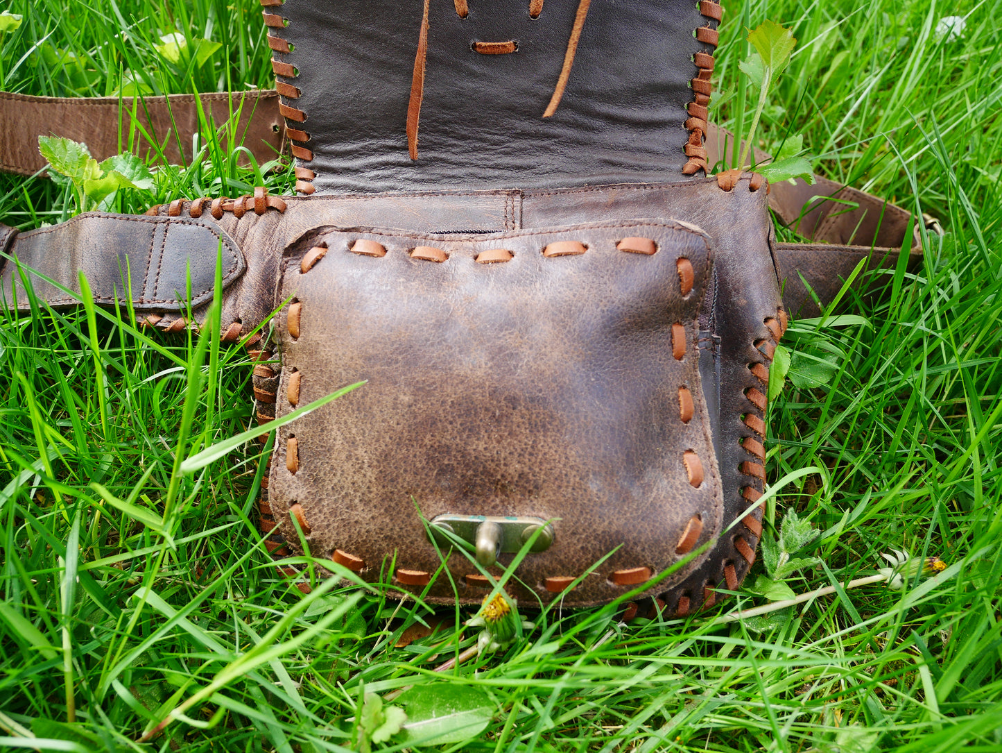 Brown leather belt bag - waist bag with Moonstone stone and hook closure