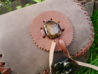 Leather hip bag festival leather belt bag - waist bag with Tigereye stone and hook closure