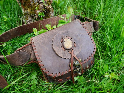 Handmade festival leather belt bag - hip bag - waist bag with semi precious stone and hook closure
