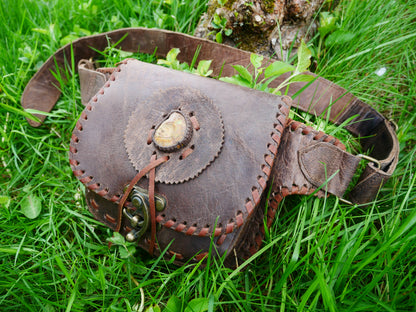 Handmade festival leather belt bag - hip bag - waist bag with semi precious stone and hook closure