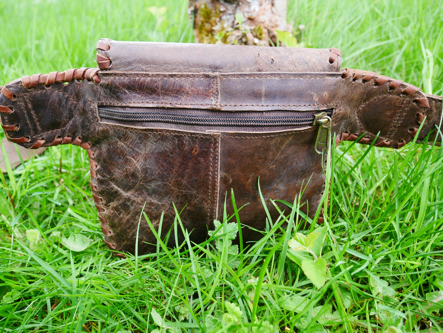 Handmade festival leather belt bag - hip bag - waist bag with semi precious stone and hook closure