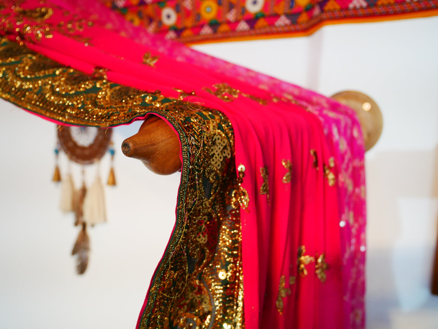 Boho bed canopy - custom made saree canopy frame with handcrafted walnut wood rods | bed curtains - meditation space