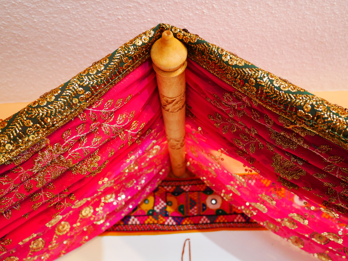 Boho bed canopy - custom made saree canopy frame with handcrafted walnut wood rods | bed curtains - meditation space