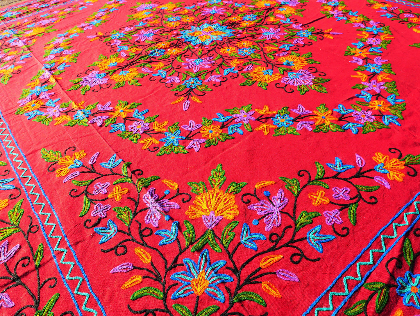 Boho bedding "Shanti Garden" luxury bed cover - hand embroidered queen bedspread - red cotton, floral embroidery -  bohemian throw