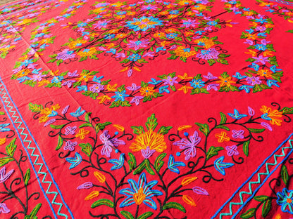 Boho bedding "Shanti Garden" luxury bed cover - hand embroidered queen bedspread - red cotton, floral embroidery -  bohemian throw