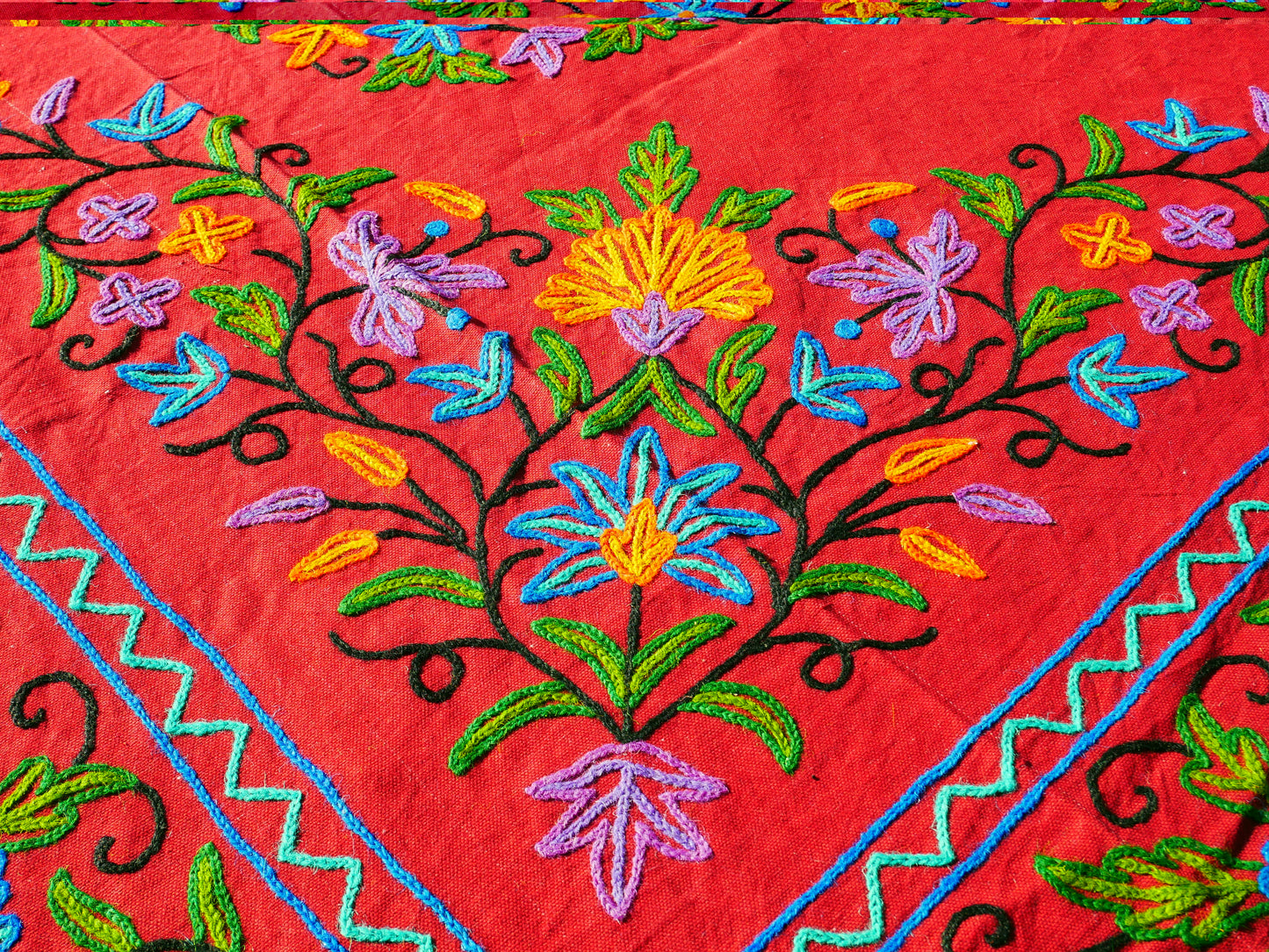 Boho bedding "Shanti Garden" luxury bed cover - hand embroidered queen bedspread - red cotton, floral embroidery -  bohemian throw