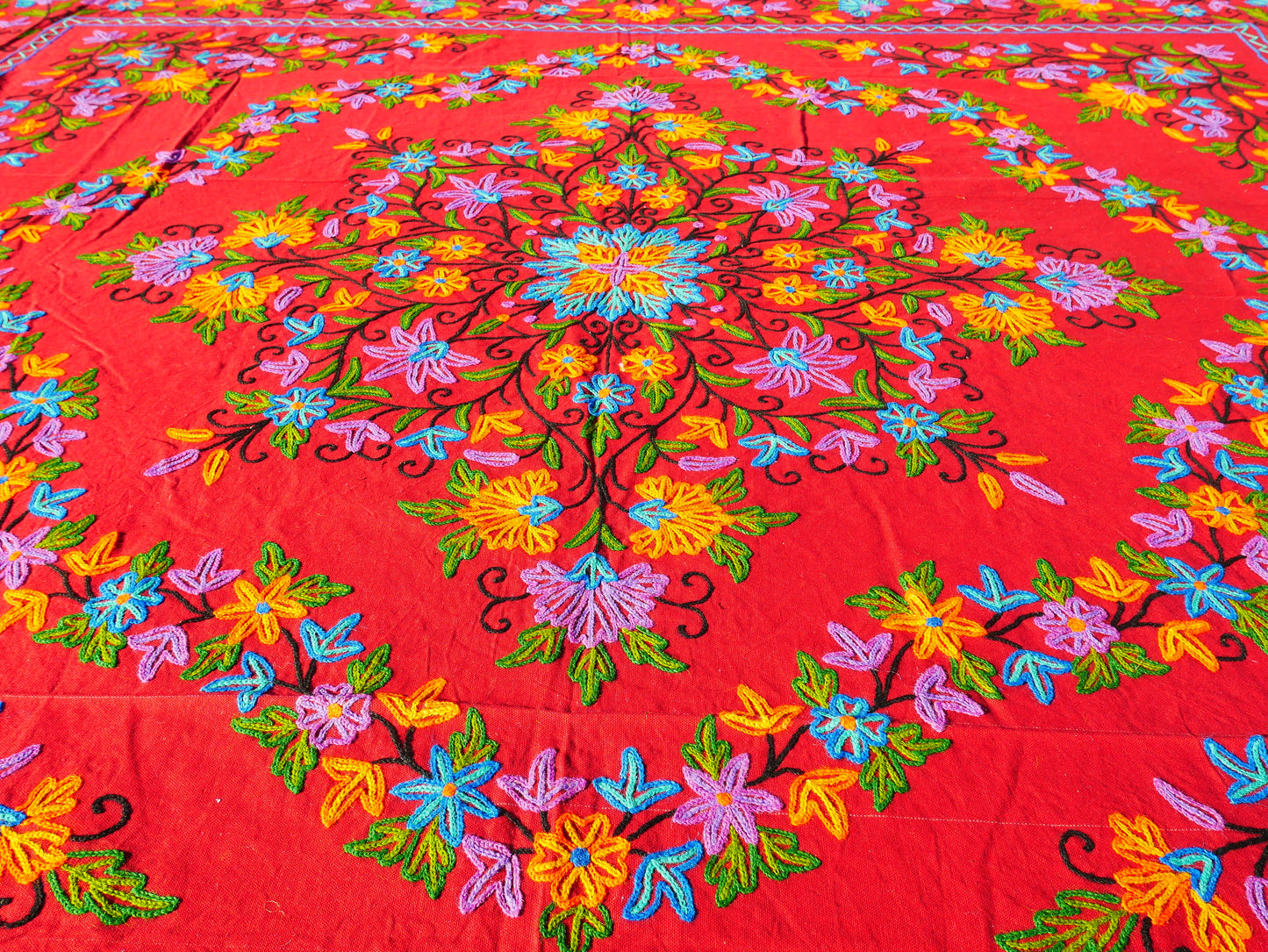 Boho bedding "Shanti Garden" luxury bed cover - hand embroidered queen bedspread - red cotton, floral embroidery -  bohemian throw