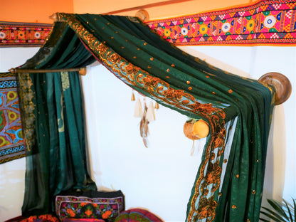 Boho bed canopy - custom made saree canopy frame with handcrafted walnut wood rods | bed curtains - meditation space