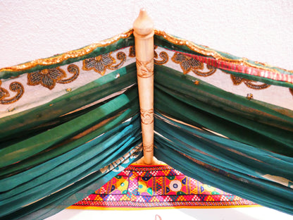 Boho bed canopy - custom made saree canopy frame with handcrafted walnut wood rods | bed curtains - meditation space