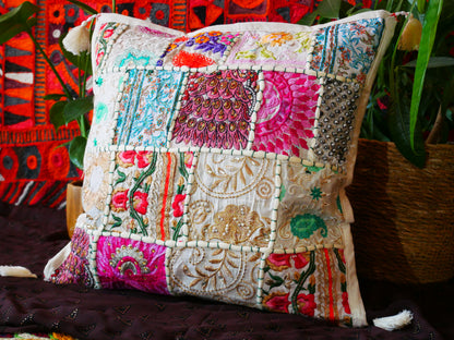 Colorful Patchwork throw pillow - colorful boho style tassel pillow