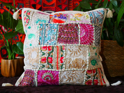 Colorful Patchwork throw pillow - colorful boho style tassel pillow