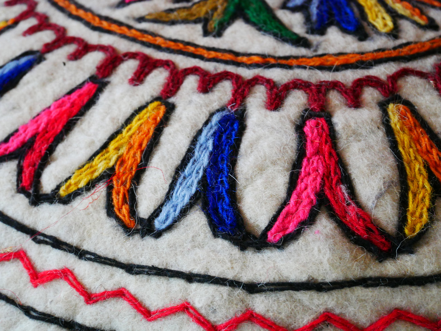 Kashmiri Boho Floor Pillow - Hand Felted Meditation Cushion Cover | Embroidered Floor Pouf | Round Floor Pillow for Bohemian Floor Seating
