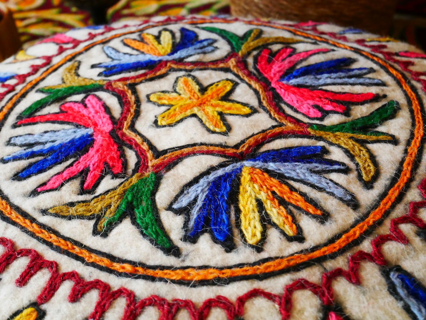 Kashmiri Boho Floor Pillow - Hand Felted Meditation Cushion Cover | Embroidered Floor Pouf | Round Floor Pillow for Bohemian Floor Seating