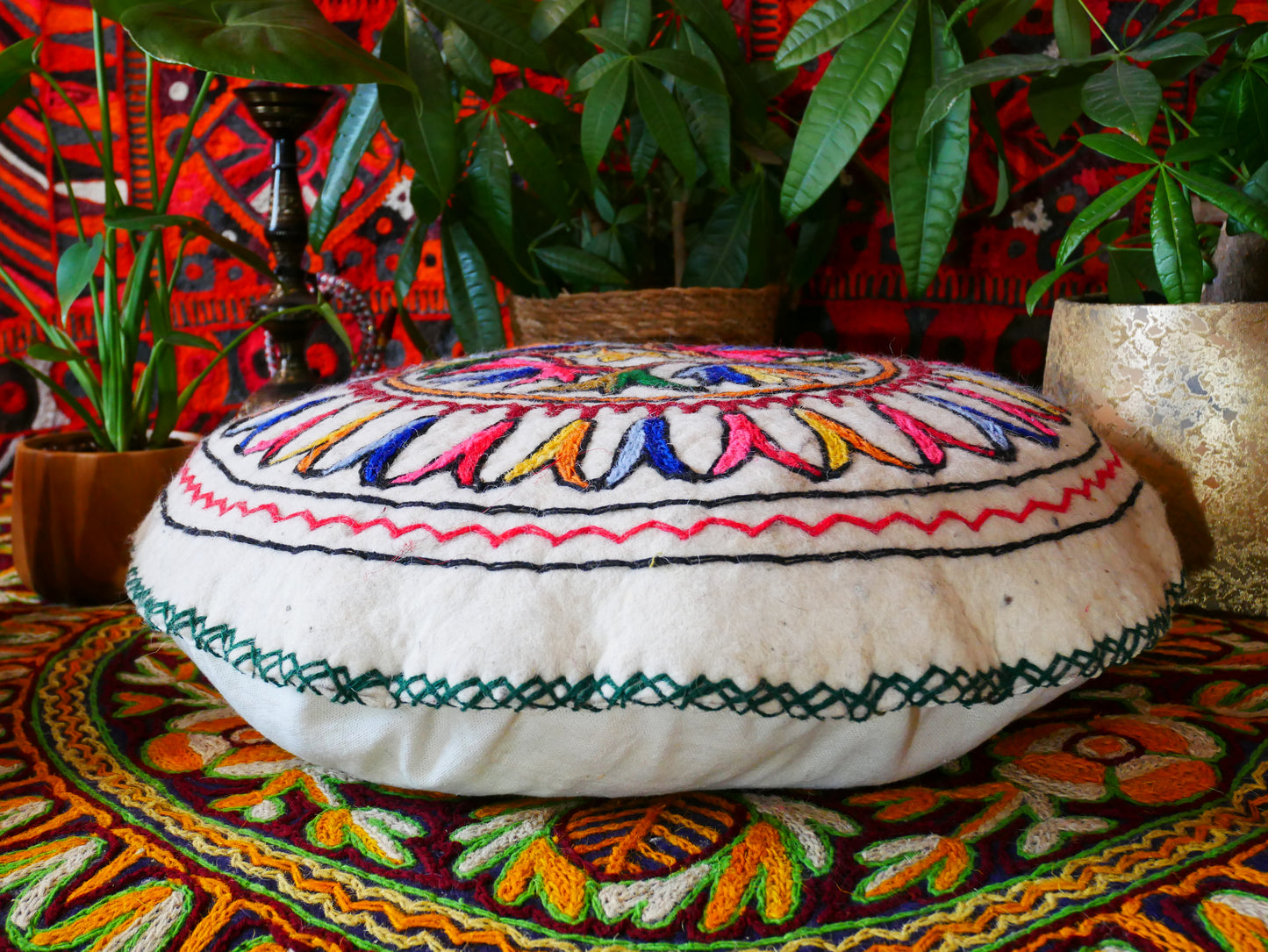 Kashmiri Boho Floor Pillow - Hand Felted Meditation Cushion Cover | Embroidered Floor Pouf | Round Floor Pillow for Bohemian Floor Seating