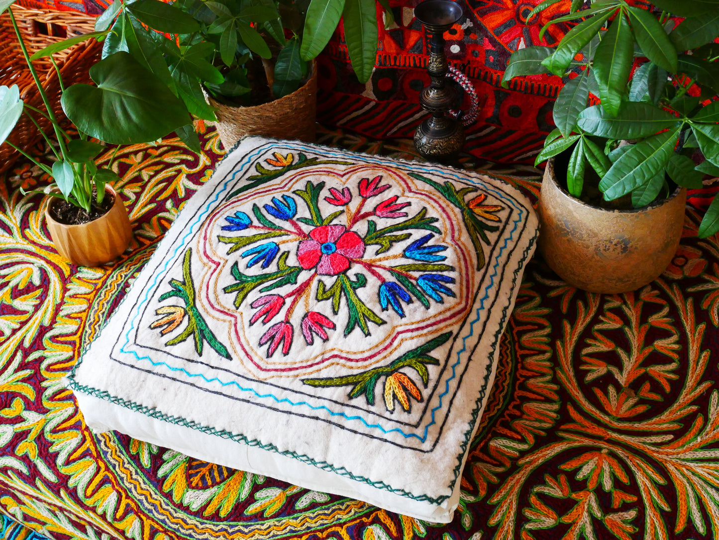 Kashmiri Boho Floor Pillow - Hand Felted Meditation Cushion Cover | Embroidered Floor Pouf | Square Floor Pillow for Bohemian Floor Seating