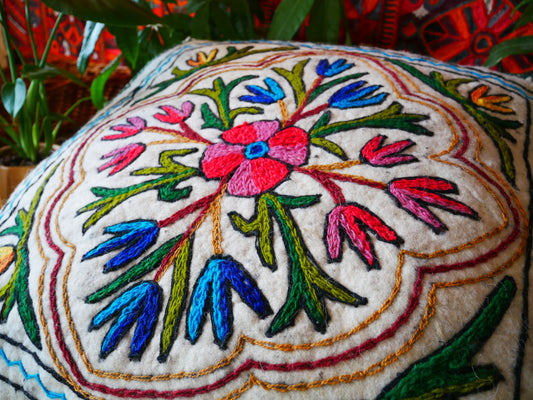 Kashmiri Boho Floor Pillow - Hand Felted Meditation Cushion Cover | Embroidered Floor Pouf | Square Floor Pillow for Bohemian Floor Seating