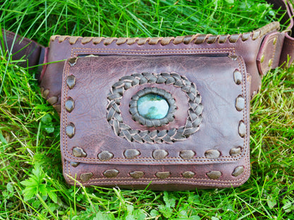 Leather belt bag - waist bag with Labradorite stone perfect for your next festival