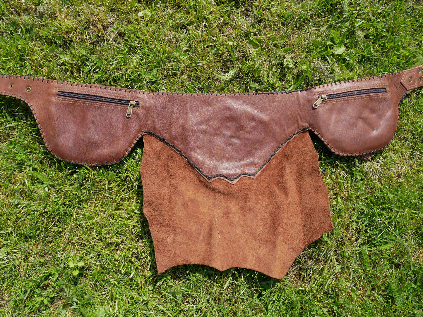 Unique leather belt bag cum skirt - waist bag with Labradorite stone and 2 pockets
