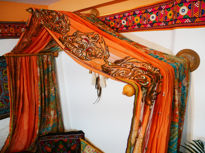 Wedding Saree bed canopy - Boho chic canopy with handcrafted walnut wood rods | bed curtains - meditation space