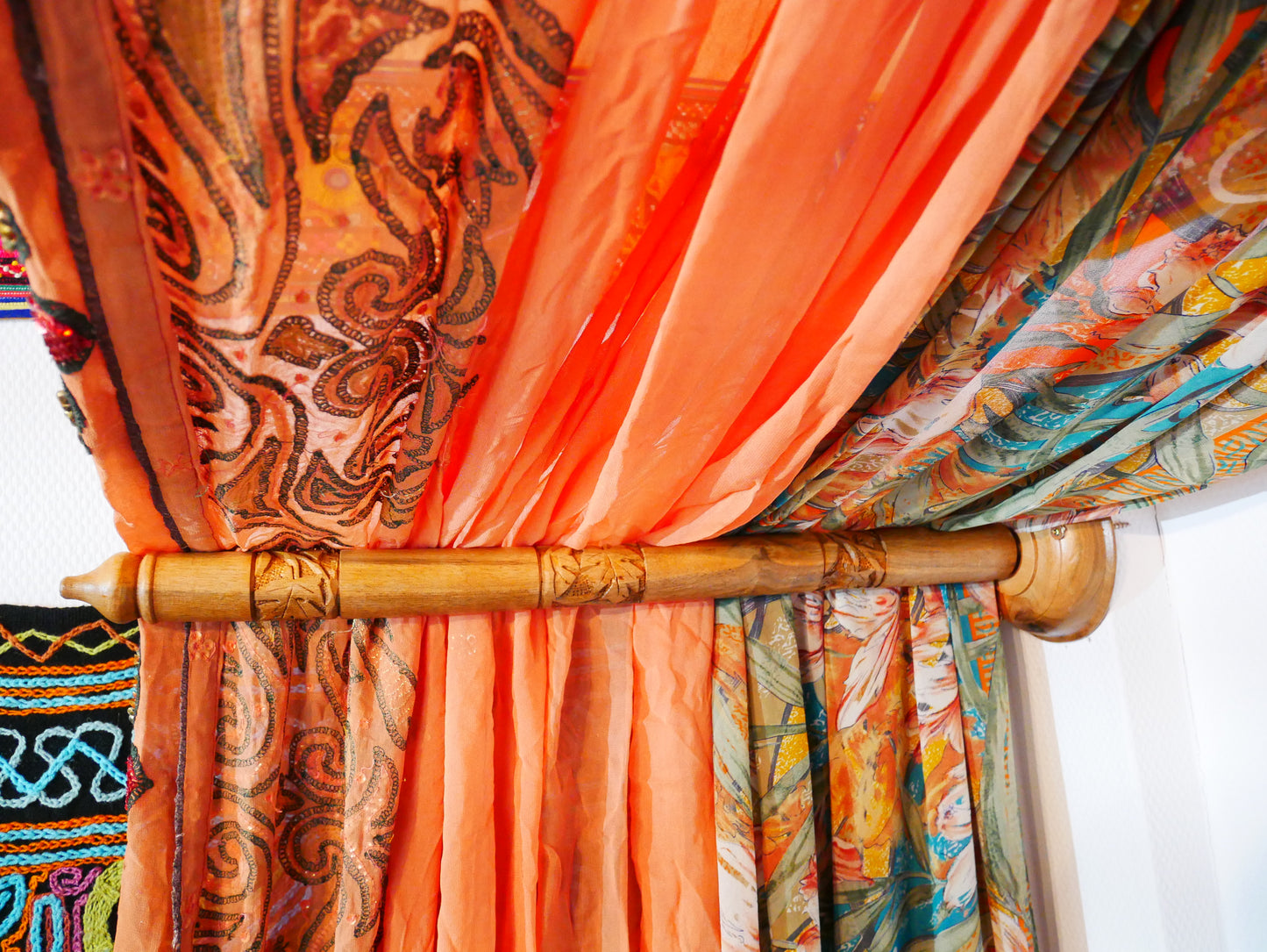 Wedding Saree bed canopy - Boho chic canopy with handcrafted walnut wood rods | bed curtains - meditation space