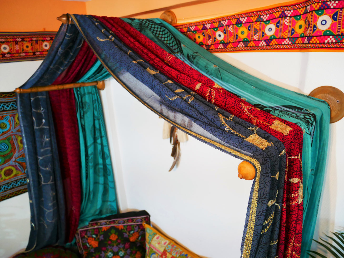 Boho bed canopy - custom made saree canopy frame with handcrafted walnut wood rods | bed curtains - meditation space