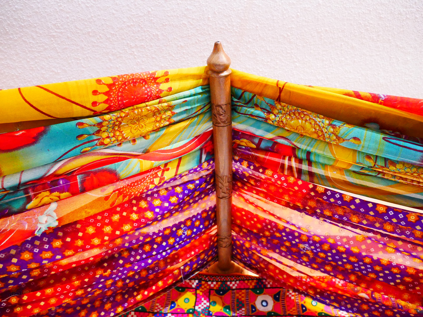 Boho Bliss: Custom Saree Canopy with Handcrafted Walnut Wood Wall Holders