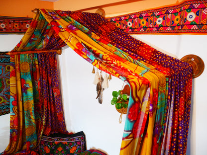 Boho Bliss: Custom Saree Canopy with Handcrafted Walnut Wood Wall Holders