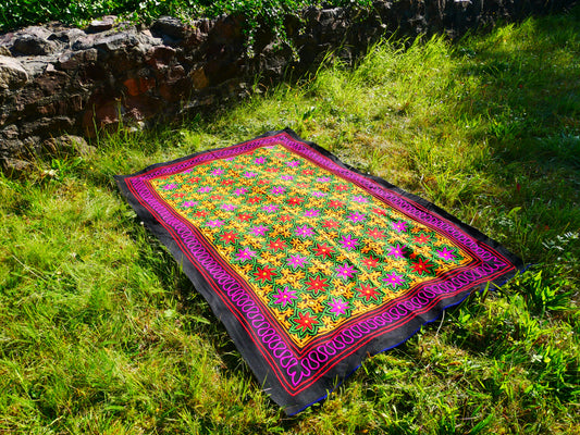 Kashmiri Gabba: Unique Handmade Wool Blanket Rug Boho Style Throw Blanket with Colorful Embroidery -Hippie Floor Seating Meditation decor - The Shanti Home