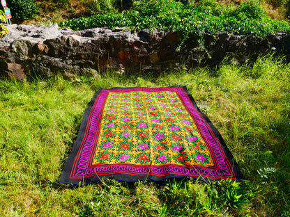 Kashmiri Gabba: Unique Handmade Wool Blanket Rug Boho Style Throw Blanket with Colorful Embroidery -Hippie Floor Seating Meditation decor