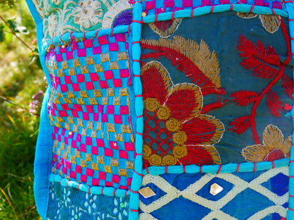 Turquoise Patchwork throw pillow - colorful boho style tassel pillow