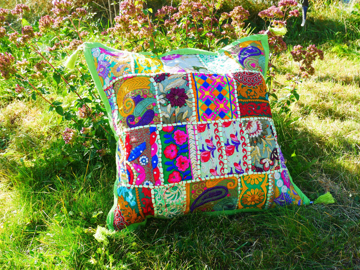 Colorful Patchwork throw pillow - colorful boho style tassel pillow