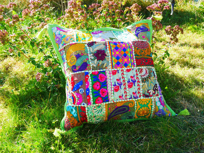 Colorful Patchwork throw pillow - colorful boho style tassel pillow