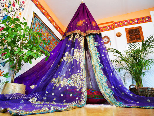 Boho Baldachin - Saree Zelt - Betthimmel | böhmische Hochzeitskulisse – Hippie-Dekor – Sitzbereich auf dem Boden | Meditationsraum - Shanti-Baldachin