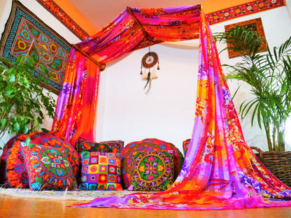 Boho Bliss: Custom Saree Canopy with Handcrafted Walnut Wood Wall Holders - The Shanti Home