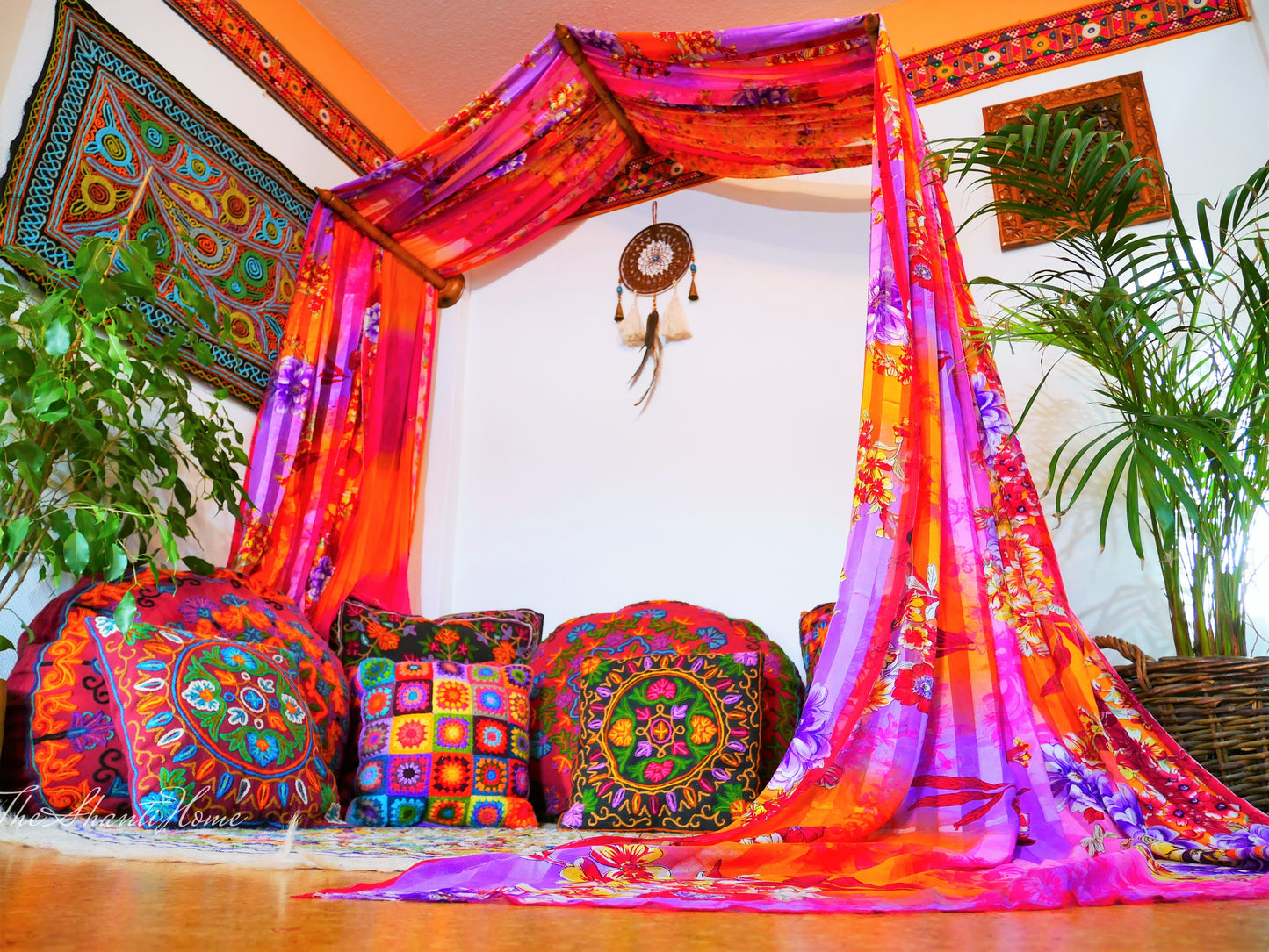 Boho Bliss: Custom Saree Canopy with Handcrafted Walnut Wood Wall Holders - The Shanti Home