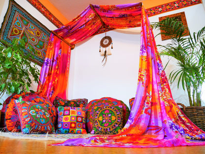 Boho Bliss: Custom Saree Canopy with Handcrafted Walnut Wood Wall Holders